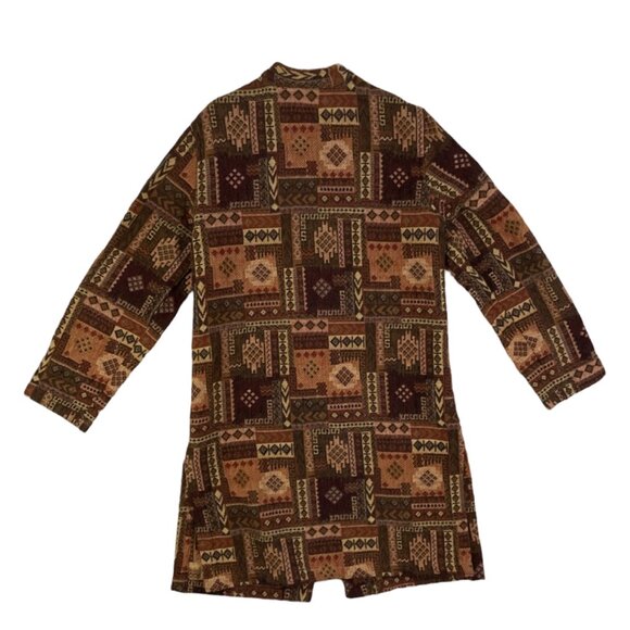 Vintage Tribal Print Jacket 1990s Cotton Long Coat Brown Abstract Print Small - Picture 2 of 5
